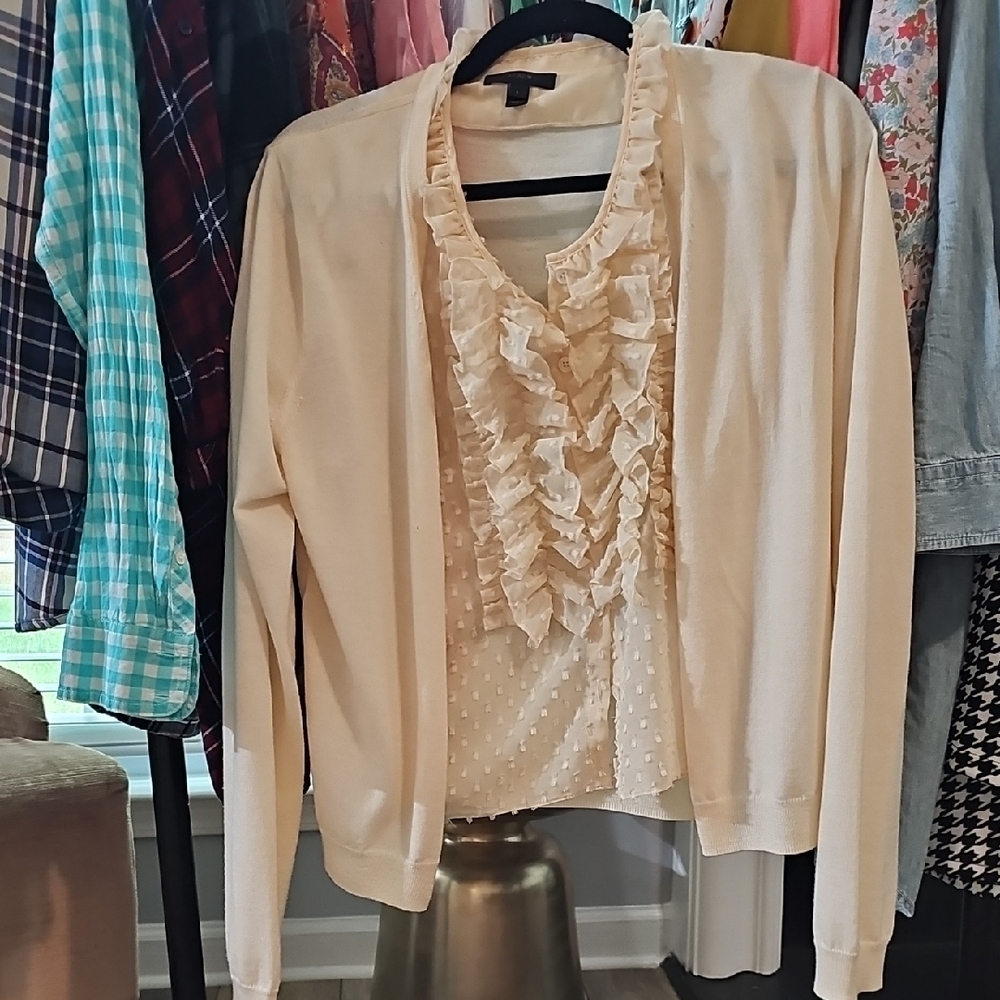 Chic Cream Ruffled Blouse and Cardigan